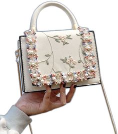 Bag For Love - Floral Embroidered Faux Pearl Decor Flap Square Bag  - Women Satchels Chic Beige Embroidered Shoulder Bag, Chic Embroidered Beige Shoulder Bag, Chic Beige Embroidered Bags, Spring Beige Bag With Floral Embroidery, Embroidered Shoulder Bag For Shopping, Spring Rectangular Shoulder Bag With Floral Embroidery, Spring Beige Shoulder Bag With Floral Embroidery, Spring Beige Floral Embroidered Bag, Spring Embroidered Shoulder Bag For Shopping