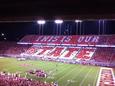 a football stadium filled with fans and banners that read, this is our date on the sidelines