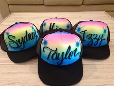 A pack of 22 custom airbrushed party favors! Adjustable trucker caps with 3-color fade. Choose up to three colors, and we'll also airbrush hats with individual names / word in black script. Our hats are quality high crown snapback trucker caps that are one-size-fits-all, and work for both adults and youth. See our other listings for multi-colored cap designs and let us know if you need a different quantity. Airbrush hats are a great addition to your kids birthday party, teens birthday party, adu Teen Party Favors, 40th Birthday Party Favors, Roller Skating Party, Party Favors For Adults, Hip Hop Party, Custom Airbrushing, Birthday Party For Teens, Skate Party, Cap Designs