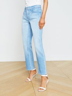 A straight leg, a relaxed fit—the Marjorie is the jean you'll reach for time and time again. An effortless slouchy fit adds a cool-without-trying element to any outfit. A five pocket construction adds classic appeal. Pairs perfectly with everything from tees to bodysuits. | L'AGENCE Marjorie Slouchy Straight-Leg Jean In Bayview Time And Time Again, Knit Denim, Spring Collection, Black Print, Straight Leg Jeans, Blazer Jacket, Mid Rise, Straight Leg, Relaxed Fit