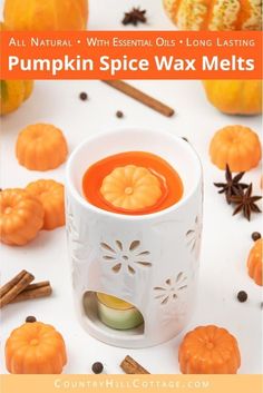 pumpkin spice wax melts in a white cup