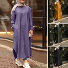 For effortless beauty and simplicity, add our Modest Turkish Style Long Tunic Top to your daily wardrobe. A timeless piece featuring long sleeves with button cuffs, side slits, and a length just above the ankle, this beautiful extra long tunic top is perfect to wear on top of leggings, pants or jeans. Winter Tunics For Women, Muslim Dress Casual, Winter Tunics, Women Template, Sundress Long, Muslim Dresses, Long Sundress, Turkish Style, Modest Style