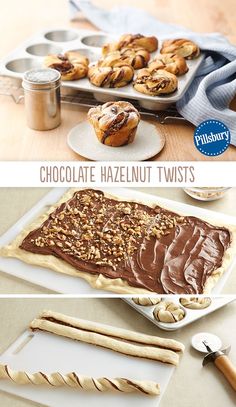 chocolate hazelnut twists on a baking sheet and in muffin tins