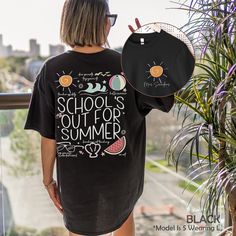 "Last Day of School Shirt, Schools Out For Summer, Custom End of School Year Shirt For Teacher Appreciation, Teacher Summer Vacation Shirt HOW TO ORDER ➀ Select color ➁ Select the size (Please check size chart) ✦ True to size. Size up 1-2 sizes for an oversized look. ➂ Add to cart ✦ (Optional) \"Add message to Seller\" on the checkout page. GARMENT FEATURES ✦ Crew neckline ✦ Direct to garment printing - no vinyl, decal, or iron-on technique ✦ Our designs are printed on the garment to last a long Black Summer Tops For School, Summer School Shirt With Text Print, Schools Out For Summer, Last Day Of School Shirt, Teacher Summer, School's Out For Summer, End Of School Year, End Of School, Summer Black