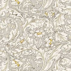 an intricately designed wallpaper with gold and white flowers on the left hand side