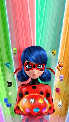 a cartoon character with blue hair holding a red object in front of colorful lines and bugs