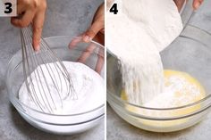 two pictures showing how to make an egg mixture in a bowl with whisk attachments