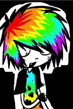 a drawing of a boy with rainbow hair and black shirt holding a cell phone in his hand