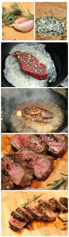 steaks being cooked in a skillet with rosemary sprigs on the side