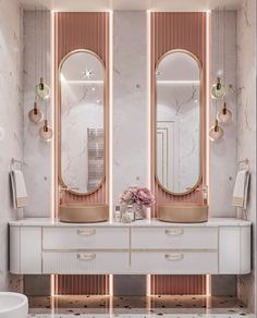 a bathroom with two sinks and mirrors in it