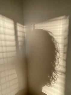 the shadow of a woman's head in front of a window with blinds on it