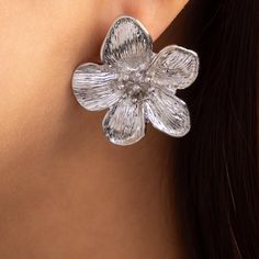 Lightweight Material: silver plated brass Drop: 1.25" For pierced ears IMPORTED Big Silver Earrings, Flower Earrings Silver, Silver Statement Earrings, Silver Flower Earrings, Chic Earrings, Big Earrings, Big Flowers, Silver Flowers, Pierced Ears