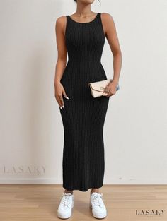 Lasaky - Sleeveless Strappy Maxi Dress: Sultry Bodycon Fit, Waist Cinching, Knitted Material Casual Ribbed Bodycon Party Dress, Elegant Sleeveless Knit Bodycon Dress, Casual Halter Neck Bodycon Dress For Evening, Stretch Knit Bodycon Dress For Parties, Chic Sleeveless Knit Bodycon Dress, Ribbed Backless Bodycon Party Dress, Ribbed Backless Bodycon Dress For Party, Sleeveless Ribbed Bodycon Evening Dress, Sleeveless Ribbed Bodycon Dress For Evening