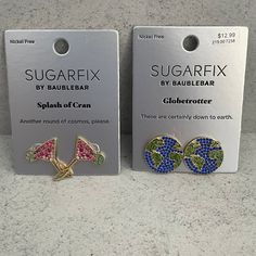 Sugarfix By Baublebar Earrings, 2 Pairs - Splash Of Cran And Globetrotter, Nwt Martini Glass And Globe / Earth Earring Gold Toned, Nickel Free Earth Earrings, Globe Earth, Baublebar Earrings, Earth Globe, Earring Gold, Martini Glass, Globe Trotter, Blue Gold, Martini