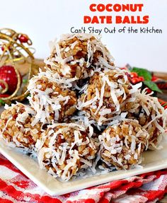 coconut date balls are stacked on a plate