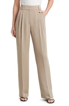 Chic for the office or a night out, these wide-leg trousers are fashioned from smooth woven fabric and pleated at the superhigh waist to further the flowy fit. 32" inseam; 20" leg opening; 13 1/2" front rise; 16" back rise (size 8) Zip fly with hook-and-bar closure Front slant pockets; back welt pockets 100% polyester Machine wash, tumble dry Imported Classic Wide-leg Pants With Pleated Waist, Wide Leg Bottoms With Pleated Waist For Evening, Chic Wide Leg Pants With Pleated Waist, Evening Wide Leg Bottoms With Pleated Waist, Formal Wide Leg Pants With Pleated Waist, Business Casual Wide-leg Pleated Pants, Elegant Spring Pants With Pleated Waist, Tailored Pleated Wide Leg Pants, Elegant Solid Wide Leg Pleated Pants