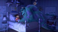 a child is sitting on a bed in a bedroom with an enormous monster like creature