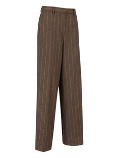 Remain tailored pinband pants in a brown wool blend with white striped details, belt loops, button and zipper closure, two back welt pockets, and a straight hem. composition: 73% wool, 25% polyester, 2% elastanesize and fit: adjustComposition: 73% Wool, 25% Polyester, 2% Elastane Brown Tapered Leg Dress Pants For Office, Classic Brown Bottoms For Office, Classic Brown Office Bottoms, Brown Wool Straight Pants, Tailored Brown Pants For Business Casual, High-waisted Wool Pants In Brown, Brown Wool High-waisted Pants, High-waisted Brown Wool Pants, Brown Straight Dress Pants For Business