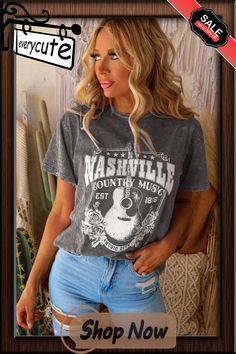 Gray Nashville Music City Graphic Mineral Washed Tee Fall Letter Print T-shirt For Country Concerts, Fall Concert T-shirt With Text Print, Relaxed Fit Letter Print Tops For Music Festivals, Relaxed Fit Top With Letter Print For Music Festivals, Text Print Top For Fall Concerts, Text Print Tops For Fall Concerts, Fall Music-themed Graphic Print T-shirt, Letter Print Top For Fall Music Festival, Letter Print Tops For Fall Music Festival