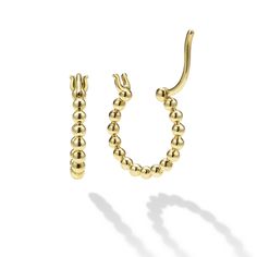 A LAGOS exclusive. Richly detailed 18K gold forms these signature Caviar beaded hoop earrings. Elegant Hoop Earrings With Gold Beads, Elegant Gold Beaded Hoop Jewelry, Elegant Small Hoop Earrings With Gold Beads, Gold Small Hoop Jewelry With Gold Beads, Small Hoop Gold Jewelry With Gold Beads, Beaded Hoop Earrings, Beaded Hoops, Gold Hoop, Gold Design