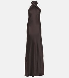 Sleek Silk Satin Halter Neck Dress, Sleek Satin Silk Floor-length Dress, Sleek Satin Floor-length Maxi Dress, Silk Halter Neck Evening Dress, Silk Halter Dress With Satin Finish For Evening, Sleek Halter Neck Satin Slip Dress, Formal Maxi Dress With Satin Finish, Silk Satin Finish Floor-length Maxi Dress, Floor-length Silk Maxi Dress With Satin Finish