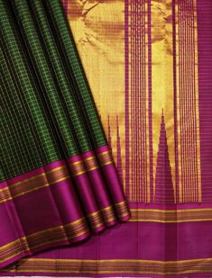 Beautiful Saree in Dark Green & Majenta Colour in Pure Kanchipuram Handloom Silk Saree with 2gram zari with Zari Chexs Body with Contrast Rich Pallu and Blouse... Silk Mark Certified Sarees Kanchipuram is a place in Tamil Nadu which also named as Kanchi from were we get this exquisite silk which is called as Kanchipuram Silk. This saree are woven from Pure Mulberry Silk thread & Zari thread used to make the Beautiful Kanchipuram Silk saree from South India. To weave 1 Kanchipuram saree 3 shuttle Green Kanjeevaram Silk Saree, Dark Green Saree Contrast Blouse, Oonjal Saree, Seemantham Saree, Pink Saree Silk, Saree Combination, Handloom Silk Saree, Kanjivaram Sarees Silk, Simple Saree Designs