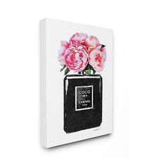 a black and white painting with pink flowers in a chanel bottle on the wall