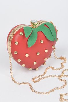 Crab Clutch/Crossbody Bag Red Bag w/ Gold Studs Gold Chain & Hardware Chain Is Removable Latch Closure 5"w x 5"h x 1.5"d Polyurethane Strawberry Snap, Strawberry Purse, Snap Purse, Funky Purses, Novelty Handbags, Strawberry Wine, Studded Clutch, Red Bag, Novelty Bags