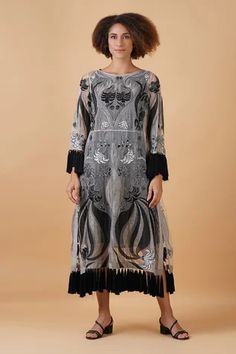 Shop for Samant Chauhan Black Cotton Silk Embroidered Dress for Women Online at Aza Fashions Round Dress, Samant Chauhan, Embroidery Floral, Silk Embroidery, Floral Applique, Embroidered Silk, Dress For Women, Embroidered Dress, Aza Fashion