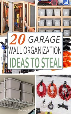 Collage of garage wall organization ideas. Garage Wall Storage Ideas, Wall Storage Ideas, Mini Garage, Garage Wall Organizer, Garage Wall Storage