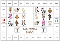 the farm animals are shown on this game board for children to learn how to read them