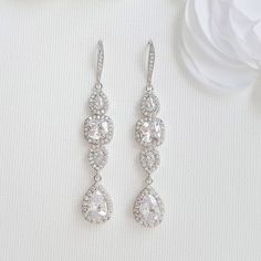 Cubic Zirconia Drop Earrings for Weddings- Gianna - PoetryDesigns Rose Gold Earrings Wedding, Long Bridal Earrings, Rose Gold Bridal Earrings, Pearl Drop Earrings Gold, Backdrops Necklace, Crystal Earrings Wedding, Gold Earrings Wedding, Crystal Bridal Earrings, Bridal Earrings Drop