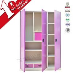 an open pink and white bookcase with drawers