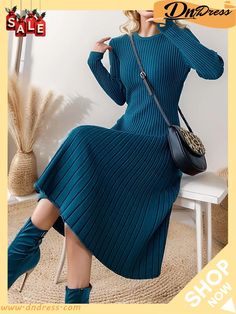 Women's Sweater Dress Knit Dress Jumper Dress Midi Dress Knitwear Fashion Daily Pure Color Outdoor Daily Going Out Crew Neck Long Sleeve Slim Black Blue Apricot One Size Cheap Black Dress, Black Dresses Online, Womens Winter Dresses, Dresses Casual Winter, Dress Knit, Plain Dress, Knitwear Fashion, Sweater Dress Women, Dresses By Length