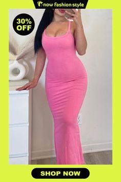 knowfashionstyle Sexy Casual Solid Backless Spaghetti Strap Long Dresses Pink Spaghetti Strap Maxi Dress For Daywear, Pink Fitted Maxi Dress With Spaghetti Straps, Casual Pink Backless Maxi Dress, Pink Bodycon Backless Maxi Dress, Spring Pink Maxi-length Backless Dress, Hip Dress, Wholesale Fashion, Long Dresses, Shoulder Sleeve