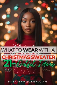 Who says Christmas sweaters can't be chic? I've curated 21 sophisticated outfit ideas that will elevate your holiday knitwear. From pairing with leather skirts to layering under blazers, these looks prove that Christmas sweaters can be both festive and fashionable. Perfect for those who want to embrace the holiday spirit without sacrificing style! #ChicChristmasSweater #FestiveFashion Houndstooth Christmas Outfit, Christmas Vest Outfits For Women, Classy Christmas Sweater, Chic Ugly Christmas Sweater Outfit, Styling Christmas Sweater, Xmas Jumper Outfit, Black Sweater Christmas Outfit, Outfits With Christmas Sweaters, Christmas Sweater Outfit Black Women