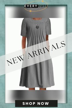 Summer Solid Color Bech Dress Round Neck Pullover Short Sleeve Midi Dress Women's Casual Loose Dress Vestidos De Mujer Gray Shift Dresses For Summer, Knee-length Shift Pleated Dress, Knee-length Pleated Shift Dress, Gray Shift Dresses, Casual Gray Knee-length Dress, Spring Gray Shift Dress, Gray Pleated Dress For Spring, Gray Solid Color Mini Length Dresses, Gray Knee-length Solid Color Dress