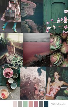 a collage of photos with flowers, plants and other things in the background that are color swatches