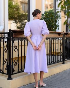 Fabric: muslin V-neck Puff sleeves Short sleeves Midi length Dress length: 122 cm/ 48.03 in Sleeve length: 33 cm/ 12.99 in Chic Purple Puff Sleeve Midi Dress, Elegant Lavender Short Sleeve Midi Dress, Chic Purple Midi Dress With Puff Sleeves, Feminine Lavender V-neck Midi Dress, Lavender Puff Sleeve Feminine Dress, Feminine Puff Sleeve Dress With Gathered Bishop Sleeves, Feminine Puff Sleeve Dress With Bishop Sleeves, Feminine Lavender Puff Sleeve Dress, Feminine Lavender Midi Dress With Short Sleeves