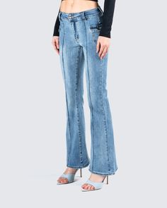 Any fit will be complete with these blue denim pants 💙 with a relaxed and timeless look - these pants are made from comfort stretch indigo cotton denim fabric complete with a low-rise fit, flared leg, and pintuck design on the front 🙌 Black Off Shoulder Top, Blue Denim Pants, Angel Print, Mesh Maxi Dress, Black Off Shoulder, White Jersey, Red Mini Dress, Knit Crop, Knit Pants