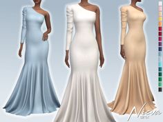 three different colored dresses are shown in this image, one is white and the other is blue