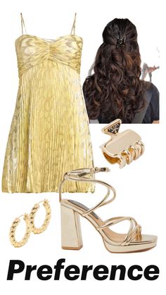 yellow dress with gold, gold earrings, brown long hair, gold clips