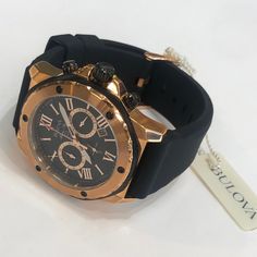 Black Rubber Band Rose Gold Bezel Black Face Stainless Steel Water Resistant Luxury Black Party Watches, Black Luxury Party Watches, Luxury Rose Gold Watch For Party, Luxury Rose Gold Party Watch, Luxury Watches With Subdials For Parties, Luxury Party Watches With Subdials, Black Party Watches, Black Rubber Band, Black Rubber Bands