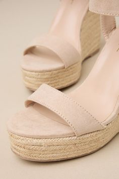 Seize the day and make it great in the Lulus Beachy Dreams Natural Suede Espadrille Wedges! Soft beige-colored suede shapes a fun peep-toe upper and matching quarter strap that secures with a silver buckle. Trendy espadrille details wrap around the 1.25"" toe platform and the sturdy wedge heel adding a beachy, relaxed vibe. 5" espadrille-wrapped wedge. Cushioned insole. Felted rubber sole has nonskid markings. Upper Material: Fabric. Sole Material: TPR. Imported. Lulus | Beachy Dreams Natural Su Spring Beach Suede Wedge Sandals, Spring Suede Wedge Sandals For Parties, High Heel Suede Wedge Sandals For Summer, Spring Party Suede Wedge Sandals, Summer Suede Wedge Heels, Beige Suede Open Toe Wedge Sandals, Beige Suede Wedge Sandals, Beige Suede Platform Sandals, Beige Suede Open Toe Sandals