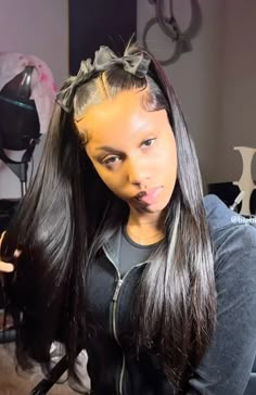 @BigBrattyHair on ig Wig Styles 2 Ponytails, Two Ponytails With Weave Half Down, Track Hairstyles Black Sew Ins, Two Bow Hairstyles, Bow Style Wig, Two Ponytails With Bows, Straight Wig Hairstyles Ideas, Two Ponytails Half Up Half Down Wig, Quick Birthday Hairstyles