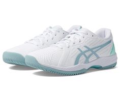 ASICS Solution Swift FF Tennis Shoe - Women's Shoes : White/Smoke Blue : Flexible and lightweight, the ASICS Solution Swift FF Tennis Shoes feel comfy and are perfect for a game on the court. Flexible synthetic upper. Textile lining. Textile insole with FLYTEFOAM cushioning offers lightweight impact absorption. Rearfoot and Forefoot GEL technology cushioning system reduces shock during impact and toe-off phases. It also allows movement in multiple planes as the foot transitions through the gait Shoe Solutions, White Athletic Shoes, Tennis Whites, Shoes Asics, Womens Tennis Shoes, Accessories Bags Shoes, Sneakers Athletic, Volleyball Shoes, Asics Women