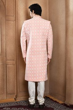 Peach sherwani with all over resham jaal embroidery. Paired with a off white churidar. - Aza Fashions Peach Sherwani, Off White Churidar, Jaal Embroidery, White Churidar, Embroidered Sherwani, Silk Embroidery, Churidar, Pocket Square, Aza Fashion