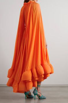 LANVIN Cape-effect tie-detailed ruffled charmeuse dress | NET-A-PORTER Summer Silk Voluminous Dresses, Voluminous Silk Summer Dresses, Voluminous Silk Dress For Summer, Lanvin Outfit, Charmeuse Dress, Ethereal Dress, Long Cape, Orange Blouse, Outfit Dress