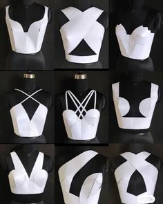 several images of different types of bras on mannequin's torsos