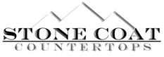 the stone coat logo with mountains in the background and text that reads,'countertops '